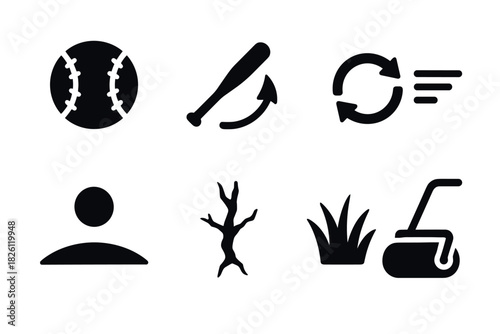 Set of flat baseball icons with sports and nature symbols