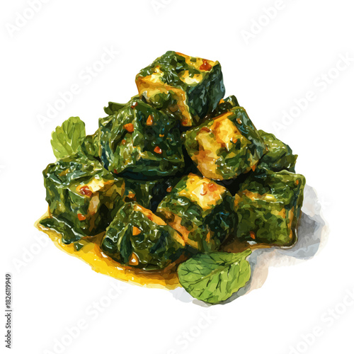 Watercolor illustration of Saag Paneer, vector artwork, isolated on white background.