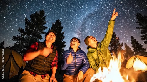Friends enjoying a campfire under a starry sky in the wilderness
