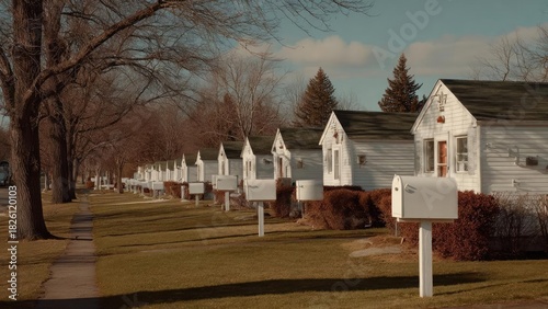 Fototapeta Naklejka Na Ścianę i Meble -  Row of small white houses with mailboxes on posts along a sidewalk in a wintry suburban street. Concept Wintry Suburban Street, White Houses, Mailboxes on Posts, Snowy Sidewalk, Quiet Neighborhood