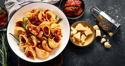 Classic traditional Italian pasta with fresh tomato marinara sauce.