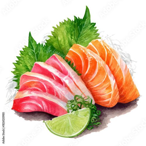 Watercolor illustration of Sashimi, vector artwork, isolated on white background.