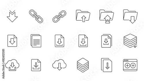 Modern Flat Design Vector Icons for Data Management, Cloud Storage, File Transfer, and Linking Systems