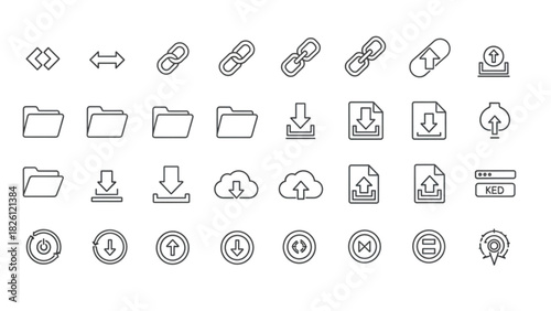 Collection of Line Icons Representing Technology, Data, and Web Development Concepts