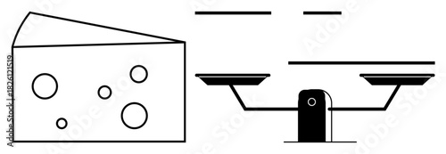 Large wedge of Swiss cheese and balance scale emphasizing fairness, comparison, and decisions. Ideal for equality, justice, balance, choices, sharing measurement and trade concepts. Simple flat