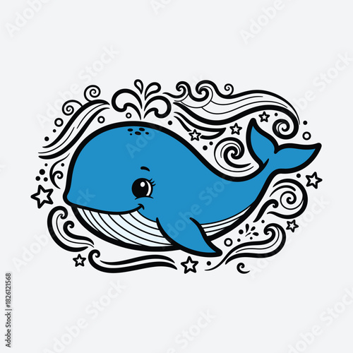 Playful Blue Whale Swimming with Decorative Swirls and Stars, in Bright Studio