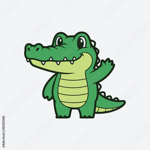 Cute Friendly Green Crocodile Waving Hand, Standing Happily on Isolated White Background
