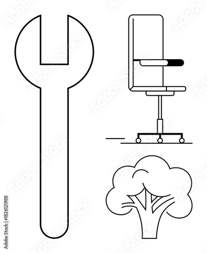 Wrench, ergonomic office chair, and tree outline as a flat design. Ideal for themes of maintenance, productivity, workplace, tools, sustainability repair efficiency. Simple flat metaphor