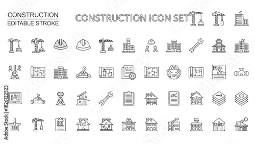 Construction Icon Set Editable Stroke Vector Graphics for Buildings and Tools