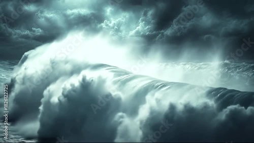 Powerful ocean waves crashing against rocky shore