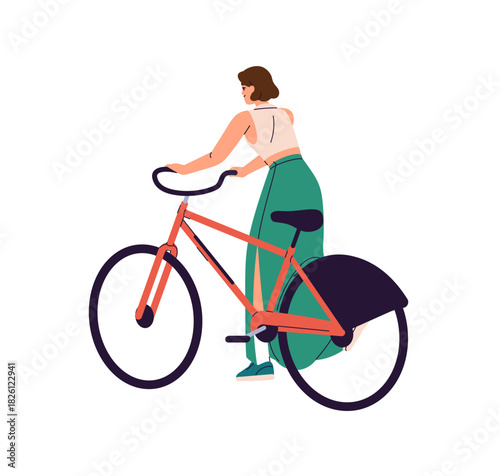 Happy woman rolls bicycle back view. Bicyclist girl pushes bike after riding for parking. Cyclist goes with her transport after cycling. Flat isolated vector illustration on white background