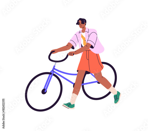 Happy black girl runs with bike. Joyful young woman is cycling. African American teen rents and rides a bicycle. Bicyclist, cyclist has fun. Flat isolated vector illustration on white background