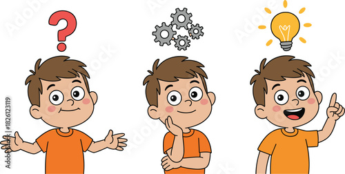 “Cute cartoon boy expressing confusion thinking and bright idea with question mark gears and light bulb in isolated educational illustration set”