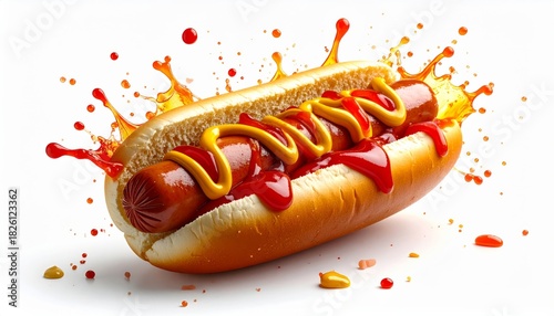 Grilled fast food hot dog snack with mustard and ketchup on a bun