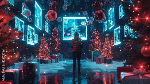 Person standing in futuristic winter room with glowing screens, Christmas trees, and holiday decorations.