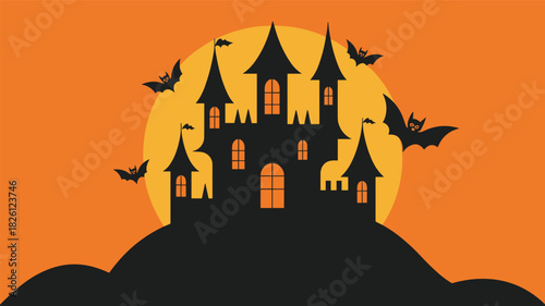 “Halloween haunted castle silhouette with flying bats, spooky night scene, orange moon backdrop, eerie fantasy illustration perfect for seasonal designs”