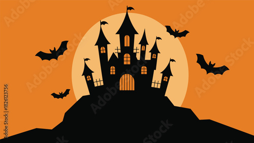 “Halloween haunted castle silhouette with flying bats, spooky night scene, orange moon backdrop, eerie fantasy illustration perfect for seasonal designs”
