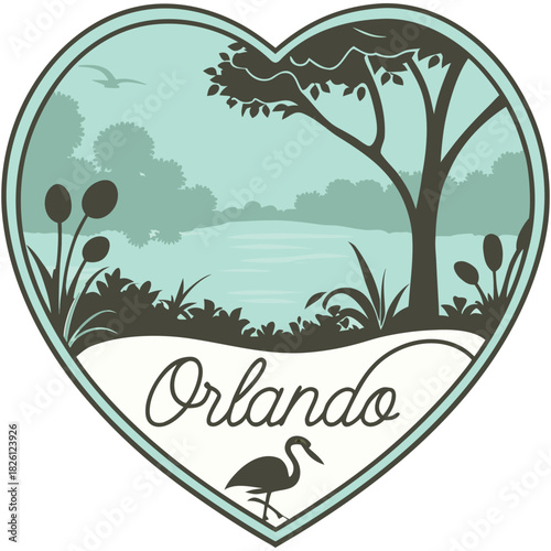Orlando Heart Illustration with Heron Bird, Lake and Forest Trees – Retro Nature Design