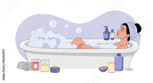 A serene woman enjoys a relaxing bubble bath, surrounded by flickering candles and bath products, creating a tranquil self-care moment.