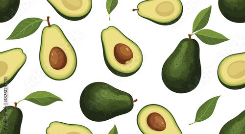 A vibrant, seamless pattern featuring delicious whole and halved avocados with their pits and fresh green leaves scattered across a clean white background, perfect for healthy food-related designs.