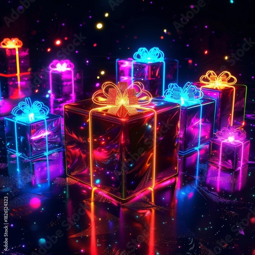 Neon glowing gift boxes on dark reflective surface. Futuristic Christmas holiday concept with vibrant lights.