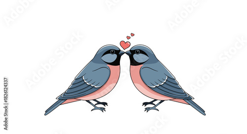 Two adorable cartoon birds, painted in soft blue and pink hues, share a sweet kiss with hearts floating above their heads, symbolizing love and affection.