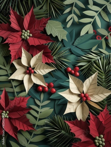 Paper-cut Christmas floral composition with holly leaves, poinsettias and winter berries. Decorative festive artwork in red, white and green tones.