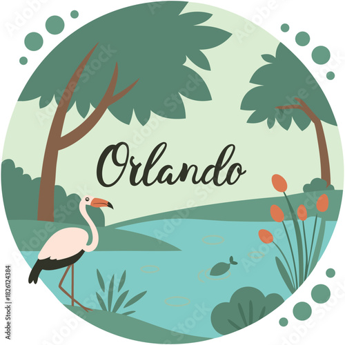 Orlando Round Nature Design with Flamingo, Turtle and Lake – Tropical Wildlife Illustration