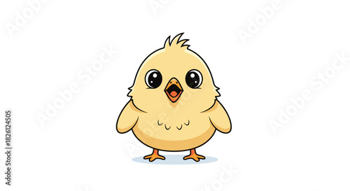 A cheerful and fluffy yellow baby chick illustration stands front-facing with an open beak and wide eyes, emanating cuteness and innocence on a plain white background.