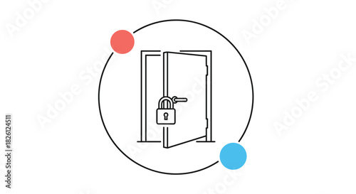 An open door with a padlock hanging from its handle, enclosed in a circle with two colored dots, conceptualizing security, access, and privacy.