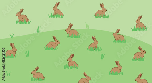 An enchanting illustration portrays a charming gathering of brown rabbits peacefully grazing and resting in a lush green meadow under a bright sky, emphasizing the tranquility of nature.