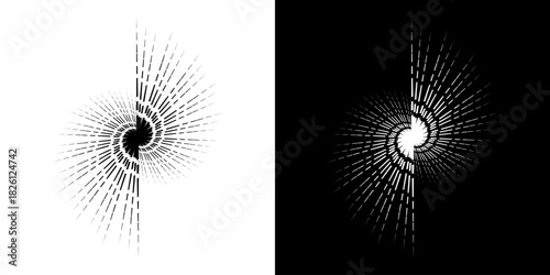 Dynamic abstract spiral sound wave rhythm lines. Circular spiral sound wave rhythm of lines. Circular futuristic abstract lines, black and white background.	