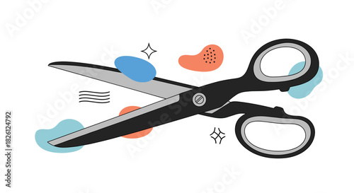 A clean and modern flat illustration depicting open black-handled scissors with silver blades, surrounded by abstract shapes and playful elements, symbolizing creativity, design, and cutting tasks.