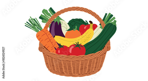 A colorful illustration of a bountiful wicker basket filled with an assortment of fresh, healthy fruits and vegetables like carrots, bananas, tomatoes, and zucchini, perfect for a balanced diet.