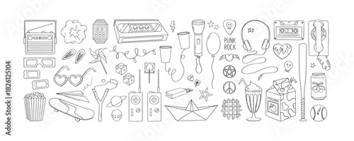 80s and 90s style. Hand drawn Vector elements set with video cassette, music tape, walkie-talkie, old telephone, wristwatch, radio, headphones, baseball bat, ball, skateboard, rock, music, nostalgia