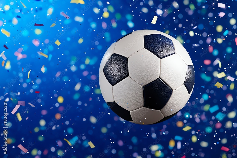 Fototapeta premium Soccer Ball Celebration with Confetti on Blue Background for Sport Events
