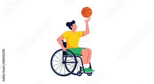 An agile athlete in a wheelchair showcases remarkable ball control, expertly balancing a basketball on their finger, representing the spirit of inclusive sports and physical determination.