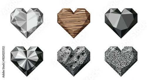 Six geometric heart shapes, each distinctively textured to illustrate various materials like gleaming crystal, rustic wood, dark mineral, metallic, porous stone, and speckled rock.