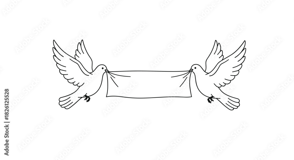 Obraz premium Two graceful white doves in flight, symbolizing peace and unity, gently carry a blank banner in their beaks, ready for a custom message or inscription.