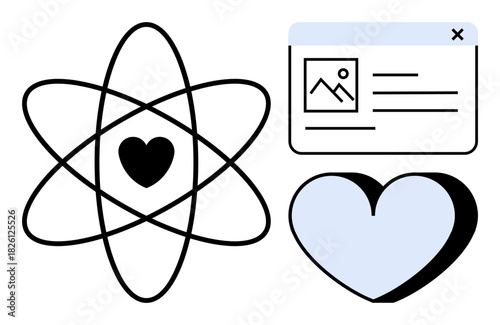Atomic structure with heart symbol, webpage window, and double-layered blue heart. Ideal for science, connection, emotion, technology, healthcare digital relationships education. Simple flat