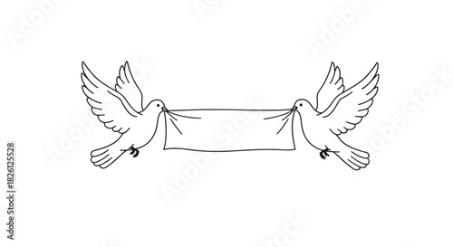 Two graceful white doves in flight, symbolizing peace and unity, gently carry a blank banner in their beaks, ready for a custom message or inscription.