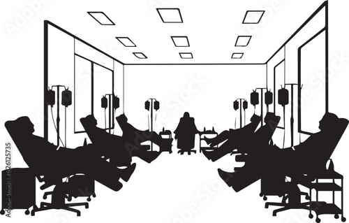 Silhouette of people donating blood in a modern clinic setting with iv drips and reclining chairs.