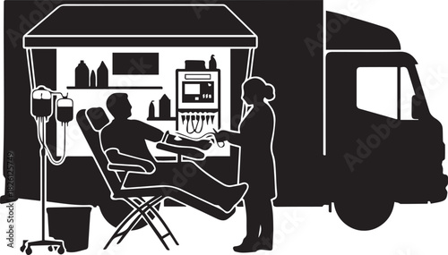 Silhouette of blood donation drive with donor and nurse by mobile unit