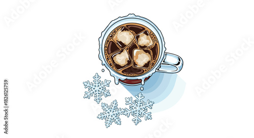 A top-down view of a frosty cup filled with an iced coffee or hot chocolate, complete with ice cubes and surrounded by delicate snowflakes, evoking a wintery and refreshing feel.