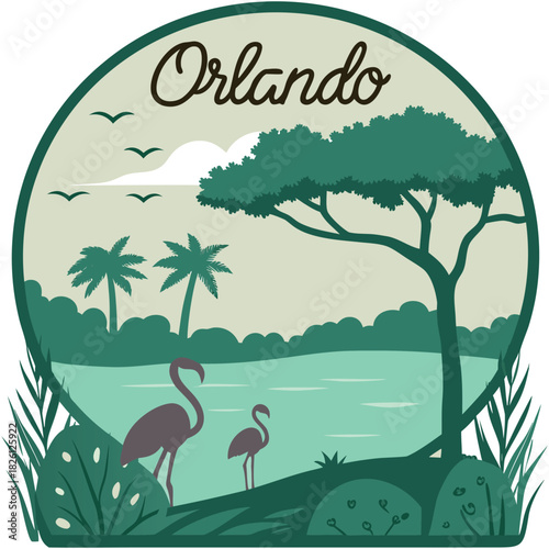 Orlando Round Nature Design with Flamingos, Palms and Lake – Tropical Wildlife Illustration