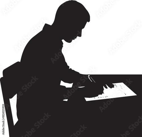Silhouette of a young person playing a digital keyboard musical instrument in profile