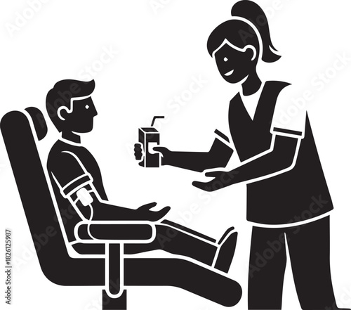 Nurse offers drink to donor in chair medical donation process silhouette symbol