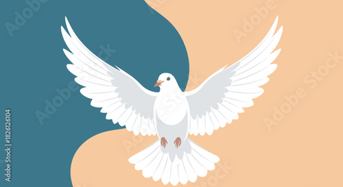 A graphic illustration of a white dove with wings wide open, representing peace and purity, set against a split background of blue and peach.