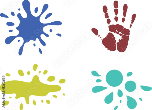 Blood splatter vector set with handprint, dripping stains, liquid splash shapes, crime scene elements, horror design illustration, red ink splashes, isolated