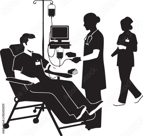 Medical professional cares for patient receiving iv infusion therapy in clinic setting